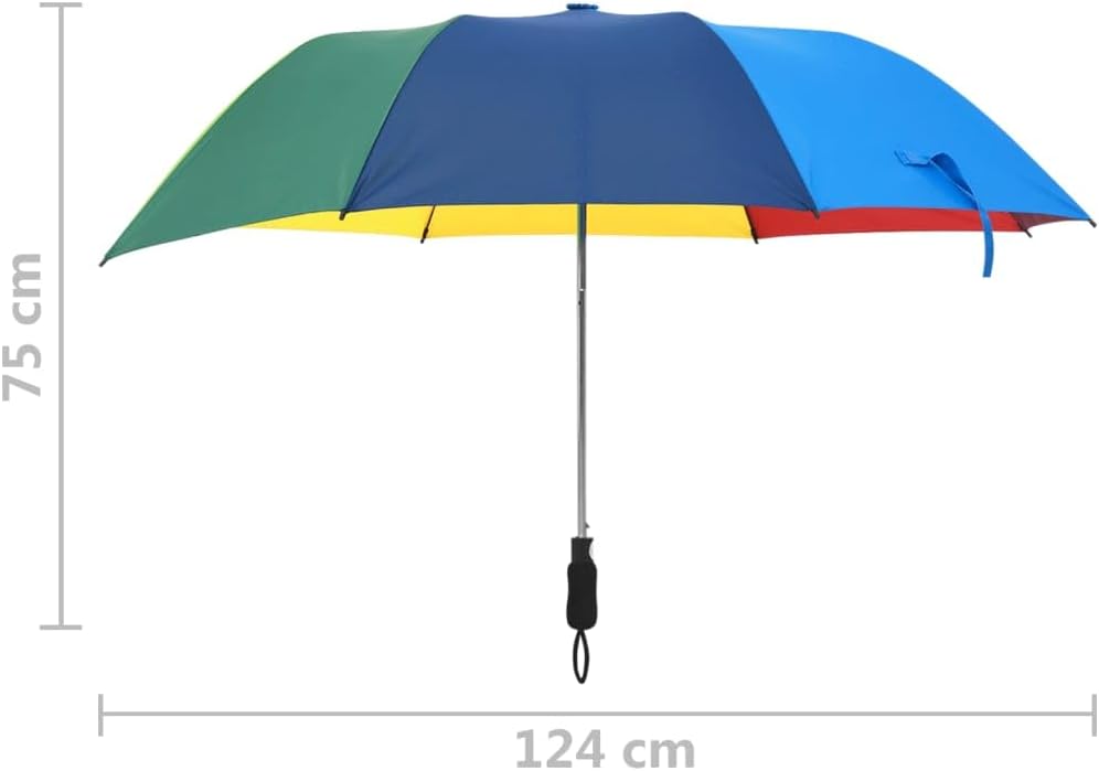 vidaXL Automatic Folding Umbrella fully open, showing its multicolored canopy and dimensions.