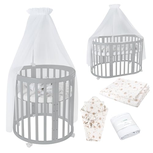 Waldin Oval Baby-Bett Mitwachsend Komplett Set 7in1, Gitterbett, Kinderbett mit Matratze, Wickelkommode, Beistellbett, Holz Grau, Stoffe Weiß Löwenzahn