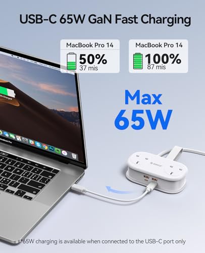 ORICO 65W GaN Travel Extension Lead with USB Slots (2 USB-A/2 USB-C), Flat Plug Power Strip with 3 Way Plug Extension Socket and 1.6M Extension Cord, Fast Charger for MacBook/iPad/iPhone-White