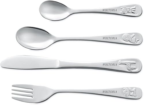 Miniatura 4 de Maverton Juego de cubiertos para niños pequeños - Cubertería para niños con animales grabados - Para cumpleaños - Accesorios de cocina para bautizo