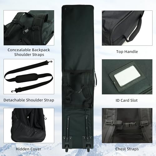 AUMTISC Snowboard Bag with Wheels, Padded Snow Board Bag for Air Travel Flying, Rolling Ski Bags for Single Board or Double Skis, Extendable 165-175cm Wheeled Snowboarding Luggage Bag, Black