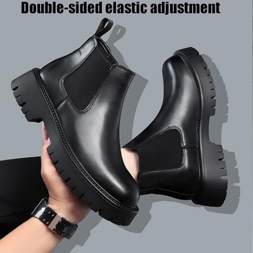 Men's Genuine Leather Slip On Chunky Platform Chelsea Boots Luxury Round Toe lug sole Work Dress boots Casual Non Slip Ankle Boots (Grey,9.5) by QOOEL - Used condition - Image 5