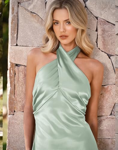 Image of HYPERFIRE Women's Elegant Satin Mini Dress Criss Cross Halter Wedding Guest Dresses Short Formal Dress