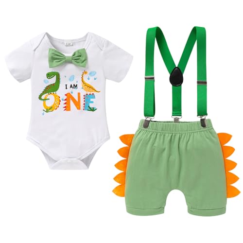 Viworld Baby Boy Cake Smash Clothes Dinosaur Romper Suspenders Short Pants 3Pcs First Birthday Outfits for Photo Prop Party Saurus(Green#A,12-18M)