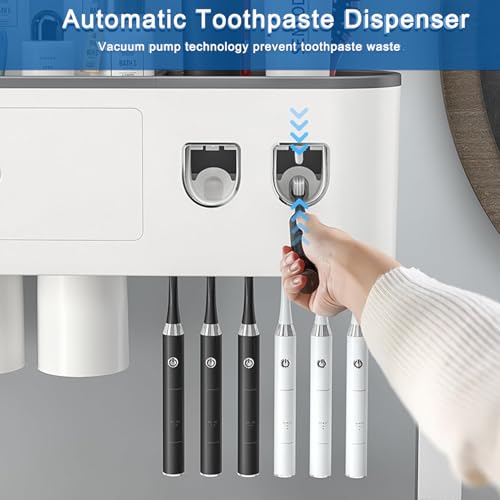 Toothpaste Dispenser, Automatic Toothpaste Squeezer Dispenser for Kids & Family Bathroom, No Drilling Wall Mounted Electric Toothbrush Holder with 6 Brush Slots, 3 Cups and Drawer - Thumbnail 5