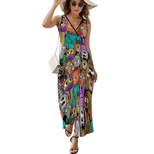 Robe évasée avec demi-manches imprimé chat coloré pour femme taille S