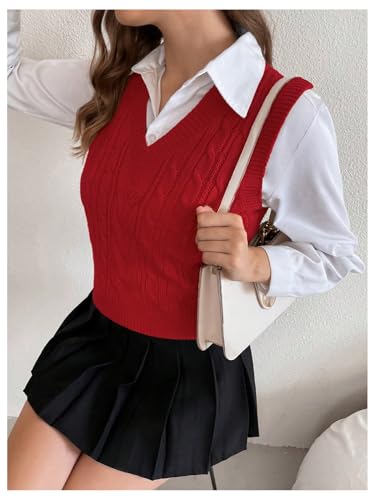 Image of Milumia Women's Cable Knit V Neck Sweater Vest Sleeveless Ribbed Crop Tank Top