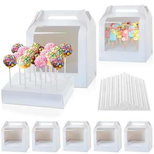 MGWOTH Cake Pop Boxes Packaging with Sticks Set 5PCS Cakesicle Display Stand with Window Portable Lollipops Transport Holder with 100Pcs Paper Sticks Bakery Containers for Babyshower Party