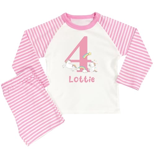The Baby Box UK Girls Personalised Pyjamas Birthday Number PJs for Girls (Pink Stripe Unicorn Number, 7-8 Years)