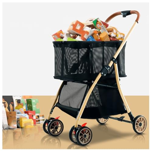 Carrito de compras plegable portátil con botón extraíble, estructura triangular reforzada, ruedas delanteras giratorias, freno de pie antideslizante para entrega a domicilio y uso en comestibles