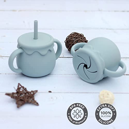 Image of Moonkie 2-in-1 Silicone Baby Cups with Straw and Lid for Snacks, 8.5 oz Spill-Proof Sippy Cups, Training Cup for Toddlers Ages (Blue)