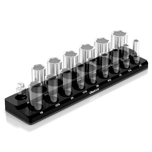 Image of Olsa Tools Magnetic Socket Organizer - 1 /2-Inch Drive SAE Socket Holder with Strong Magnets - Professional Tool Holder and Organizer - Stores up to 16 Sockets - Black - Part:1544