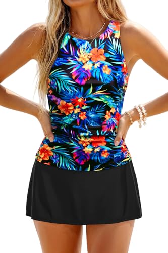 Image of Daci Womens Tankini Swimsuits with Skirt - Two Piece Tummy Control Bathing Suits High Neck Swimwear