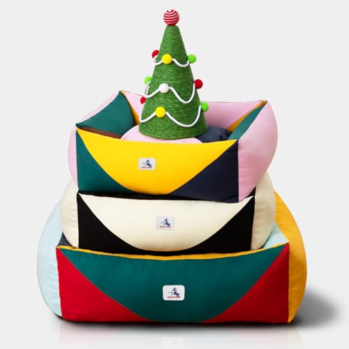 Image of Cotton Canvas Dog Bed, Pink Dog Bed Medium Size Dog, 30 inchx25 inchx10 inch Puppy Bed with Washable Removable Cover, Durable 290 GSM Cotton Anti-Chewing Pet Bed with Anti-Slip Bottom, Pink&Yellow&Green
