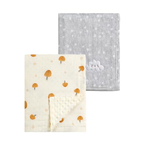 CREVENT 2Pcs 30''X40'' Cute Cozy Fluffy Warm Baby Blankets for Infants Toddlers' Bedding Crib Cot Stroller - Grey Cloud + Muslin Mushroom