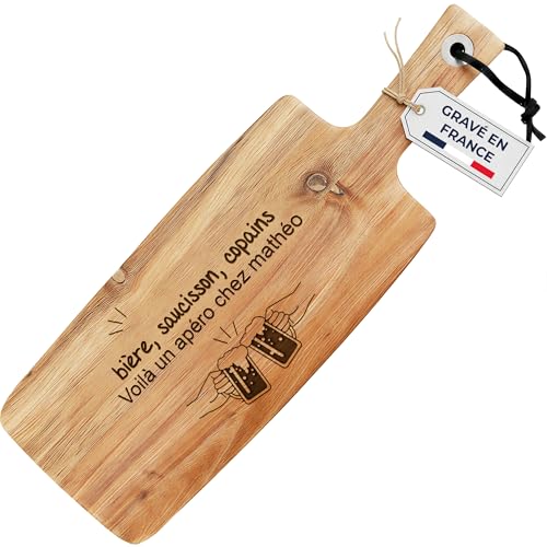 KDO-MAGIC - Planche apéro personnalisée - Planche à découper personnalisable - Texte gravé - 4 modèles de gravure - Bois d'Acacia - Cadeau cuisine (Modèle Apéro)