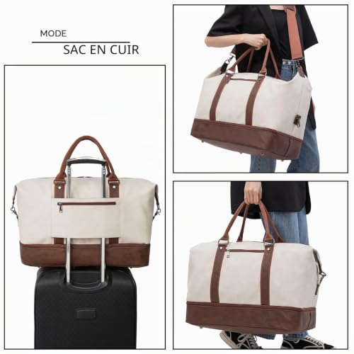seyfocnia Sac de voyage avec pochette à chaussures, sac de week-end, sac de voyage, sac de sport pour homme ou femme, beige, Sac de sport – vue 7
