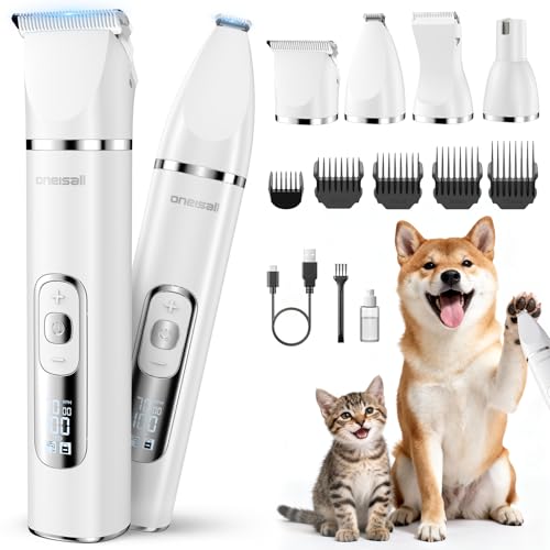 oneisall 4 in 1 犬 猫バリカン 電池残量表示 USB-C急速充電 IPX7防水 ペット用バリカン 足裏 爪 耳裏 顔回り お尻 全身カット多機能 高精度 猫 犬 小動物に対応(白い)