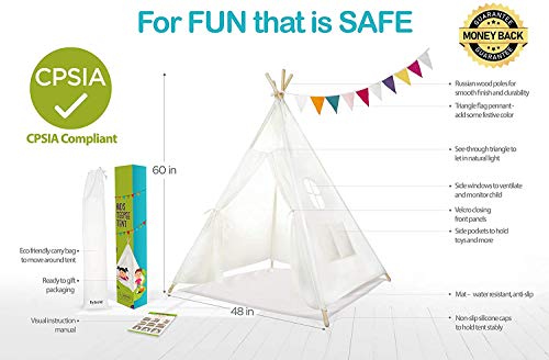 Teepee Tent For Kids Teepee Tent For Girls Toddler Teepee Tipi Tent Kids Baby Tee Pee Non Toxic White Cotton Canvas With Antislip Mat And Vibrant Flags For Childrens Indoor Outdoor Play Gift For Kids #TOP1