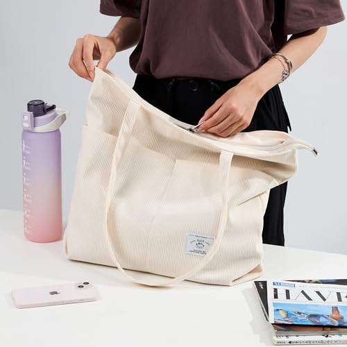 Image of KALIDI Women Corduroy Tote Bag Zipper Casual Tote's Handbag Big Capacity Shoulder Bag with Pockets