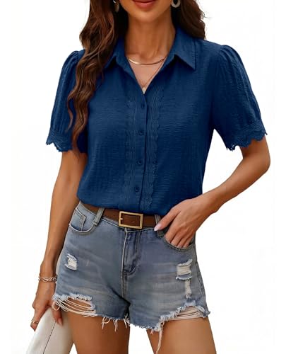Image of siliteelon Womens Summer Button Down Lace Blouses Lapel Trim Dress Casual Shirts 2026 Fashion Business Short Sleeve Tops