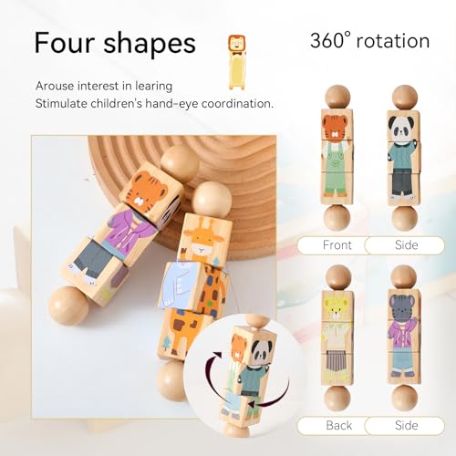 Image of Wooden Animal Puzzle Toy for Toddlers 1-3, Rotating Spin Twist Blocks Set of 2, Learning Educational Montessori Toy Gifts for Kids Boys Girls, Giraffe & Brown Bear