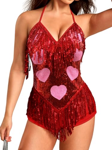Kaei&Shi Fringe Sequin Romper,Deep V Sexy Rave Outfits For Women,Sparkly