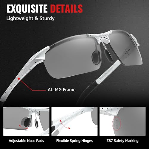 Image of TJUTR Mens Photochromic Sunglasses Day & Night Driving Z87 Sun Glasses Polarized UV400 Protection Safety Glasses