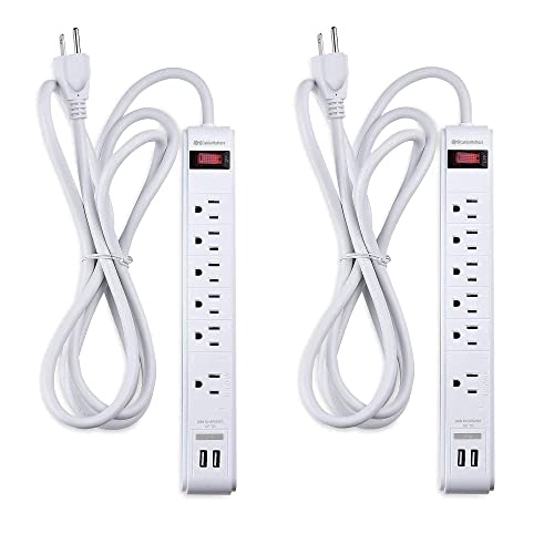 Cable Matters 2-Pack 16 Awg 2 Prong Extension Cord (3 Outlet Extension Cord) With Tamper Guard White In 6 Feet & 2-Pack 6 Outlet Surge Protector Power Strip With Usb Charging Ports #TOP4