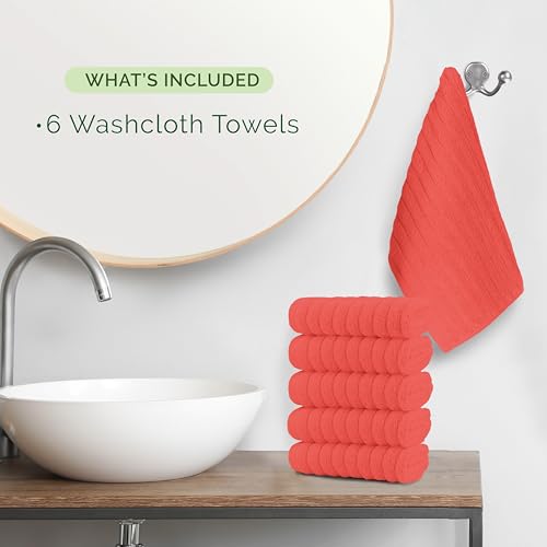 Image of Elegant Comfort 100% Turkish Cotton Corduroy Ribbed Luxury Washcloths 6 Pack Soft 13 x 13 Inch - Higly Absorbent, Durable, Quick Dry, Spa Premium Hotel Quality for Bathroom or Travel, Coral