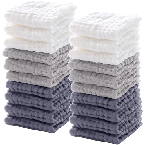 Image of Breling 20 Pcs Baby Muslin Washcloth 12 x 12 Inch 100% Cotton Soft and Absorbent Muslin Washcloth Burp Cloth Wipe Newborn Face Towel for Baby Boy Girl Sensitive Skin(White, Light Gray, Gray)
