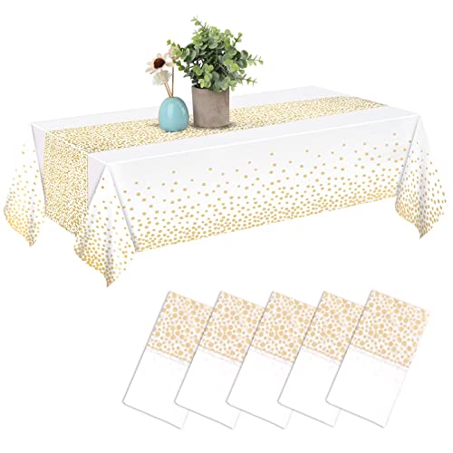 DUUFUN Tischdecke Einweg, [5 Stück] Wasserdicht Geburtstag Tischdecken , Punkte Tischtuch Geeignet für Party, Kindergeburtstag, Hochzeit, Weihnachten, 137 x 274 cm,Weiß & Gold Cover