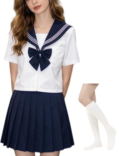 Yarawphy Women's Japanese School Girls Outfit Sailor Uniform Short Sleeve Anime Cosplay Costume Pleated Skirt Blue White XL