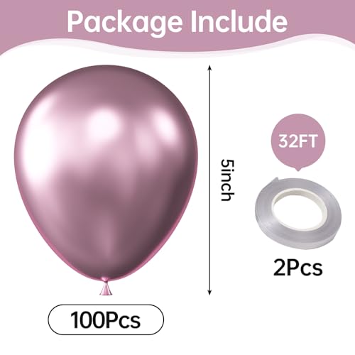 Image of KALOR Metallic Pink Balloons, 100 pcs 5 inch Thick Latex Chrome balloons for Balloon Garland Arch, Birthday Decoration, Wedding Party, Baby Shower Decorations
