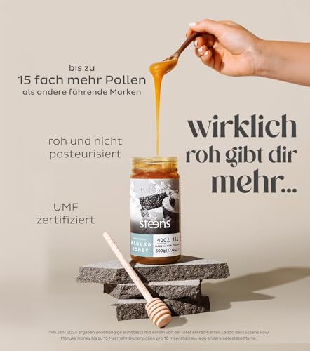 Steens Manuka Honey MGO 400 + - 500 g rein roher 100% zertifizierter UMF 13+ Manuka Honig - abgefüllt und versiegelt in Neuseeland - 500 g