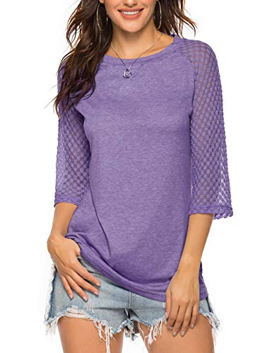 Koitmy Women's 3/4 Raglan Lace Sleeve Crewneck Blouses T-Shirt Tunics Tops Lilac #TOP3