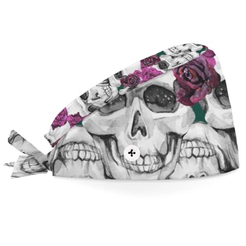 Mularoka Roses Skulls Working Caps with Button Sweatband Comfortable Adjustable Bouffant Hats Work Hat for Women Men