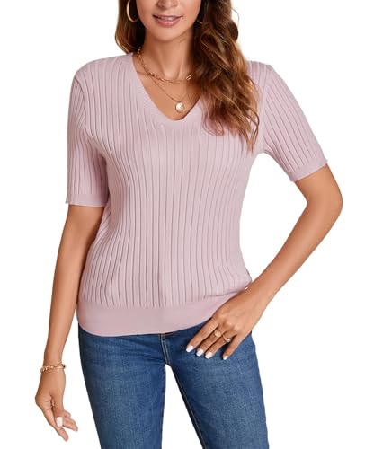Image of Women Summer Knit Shirt Blouse V Neck Short Sleeve Pullover Sweater Tops