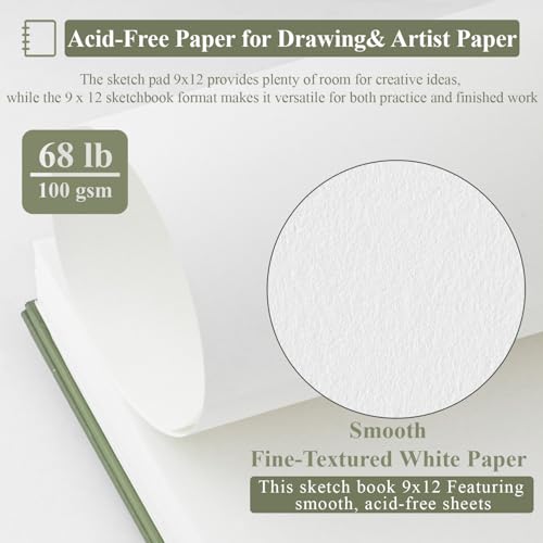 9 x 12 Sketchbook, 68lb/100gsm Sketch Pad 100 Sheets Spiral Bound Acid Free Drawing Paper with Hard Cover Art Paper for Drawing and Painting for Graphite Pencil, Charcoal, Pastels, for Kids & Adults