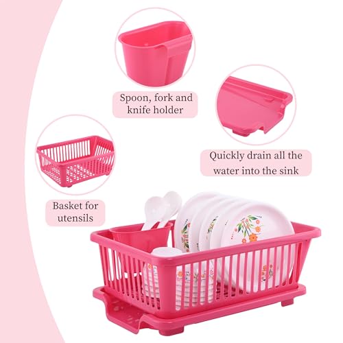Image of Kuber Industries 2 Pcs Plastic Sink Dish Drainer Rack | 3 in 1 Large Durable Drainer Drying Rack Washing Basket with Tray | Home & Kitchen Dish Rack Organizers, Utensils Tools Cutlery - Pink