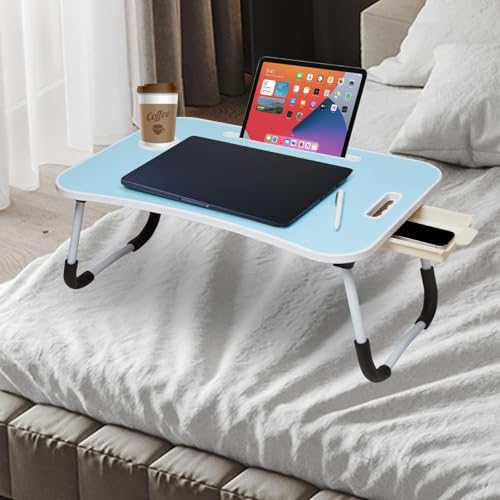Image of GoRogue Foldable Wooden Mini Laptop Table for Bed, Study Table with Drawer, Tablet /Mobile Holder for Kids & Adults (Sky Blue), 40 Centimeters