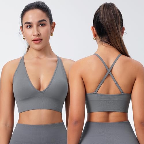 Image of Evercute Women's Sports Bras 3 /4 Pack Adjustable Deep V Neck Bras Wireless Spaghetti Strap Criss Cross Padded Low Support Bra