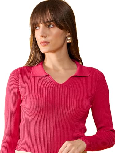 Image of 98 Degree North Women Cotton Self Design Collar Neck Pullover Has A Full Sleeves and Straight Hem-RG1164-F.Pink