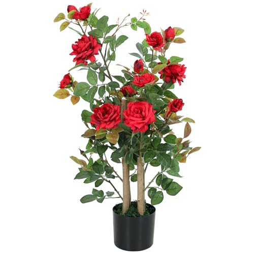 HOMCOM 90cm Artificial Rose Tree, Decorative Fake Plant with 344 Silk Leaves and 17 Flowers, UV-Resistant Faux Tree for Outdoor Indoor Garden Porch Decor, Red