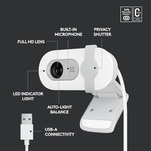 Image of L0GITECH Brio 100 Full HD 1080p Webcam with Built-in Mic, Auto Light Balance, Privacy Shutter, USB Plug & Play Web Camera for PC /Laptop, Compatible with Zoom, Teams & Google Meet, OffWhite (OffWhite)