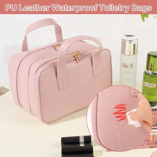 HERYEBING-Cosmetic-Bags-Large-Capacity-Makeup-Bag-PU-Leather-Waterproof-Toiletry-Bag-for-Women-Portable-Travel-Wash-Bag-Multi-Compartment-Makeup-Case-with-Handle-Pink