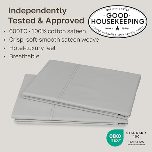CALIFORNIA DESIGN DEN Luxuriously Soft Hotel Quality 600 Thread Count, 100% Cotton Set of 2 Cases, Crisp & Cool Pillow Cases King Size Set of 2, Fits King Pillows (Light Gray) by California Design Den - Used condition - Image 2