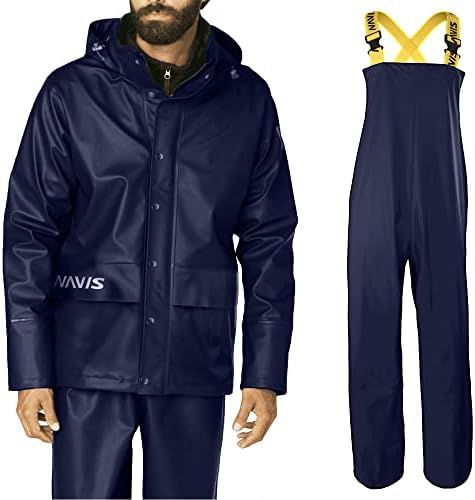 NAVIS MARINE Rain Suit for Men Heavy Duty Workwear Waterproof Jacket with Pants 3 Pieces (Navy, XXX-Large)