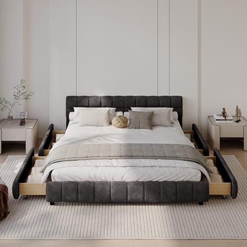DEINPPA California King Modern Grounded Bed with Cloud Soft Headboard,
