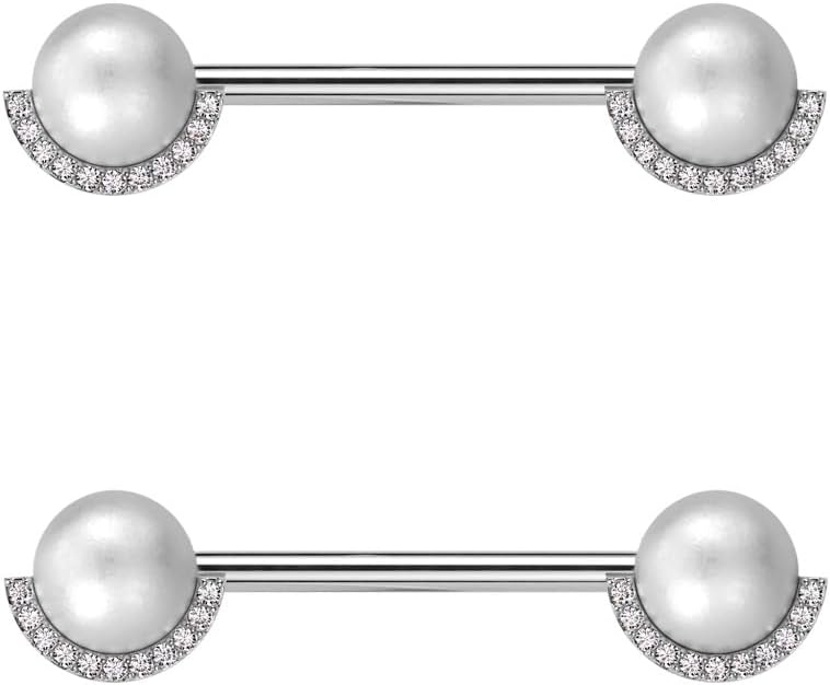 Pierced Owl 14GA 316L Stainless Steel Synthetic Pearl with Half CZ Crystal Edge Nipple Barbells, Sold as a Pair